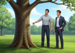 Tree expert and homeowner examining a tree with fungal growth